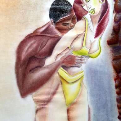 A man and a woman are engaging in an embrace with romantic undertones. The man is bending forward to kiss the woman's shoulder, while she leans back slightly, highlighting the curvature of her body and the interaction between them.