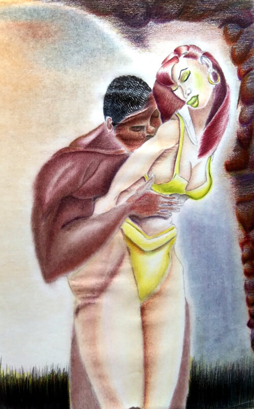 A man and a woman are engaging in an embrace with romantic undertones. The man is bending forward to kiss the woman's shoulder, while she leans back slightly, highlighting the curvature of her body and the interaction between them.