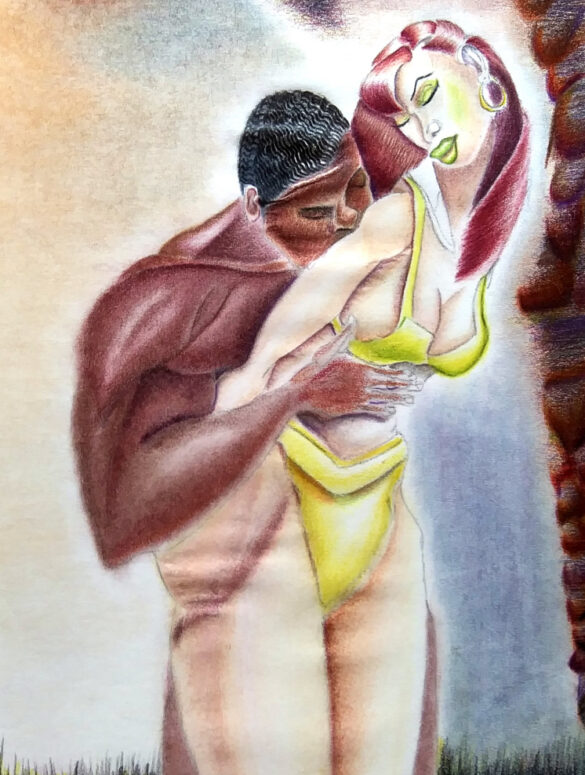 A man and a woman are engaging in an embrace with romantic undertones. The man is bending forward to kiss the woman's shoulder, while she leans back slightly, highlighting the curvature of her body and the interaction between them.